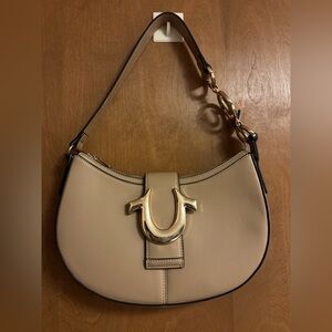 TRUE RELIGION HORSESHOE STRAP CRESCENT HOBO, CAMEL